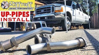 2001 F350 73  RiffRaff UpPipes Install  Stock up pipes leaking and falling apart JUNK SP [upl. by Bahr]