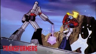 Optimus Prime vs Megatron Top 5 Fights  Series Mashup  Generation 1  Transformers Official [upl. by Nwahsor]